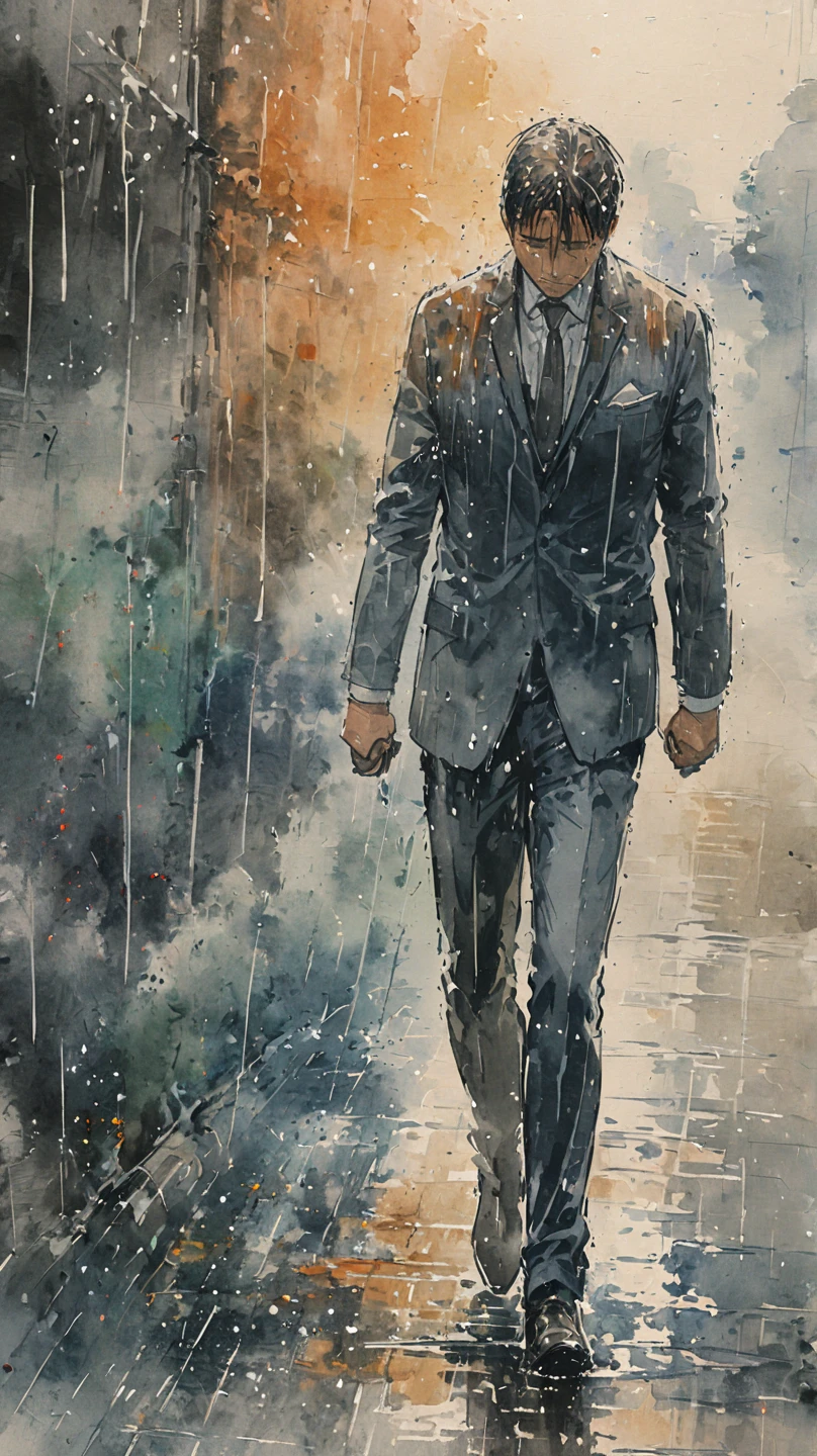 watercolor painting of a man in suit in the rain. full body shot of the man who is soaked under the rain. he tilts his head up to face the rain, the rainwater flows down his face. he is walking in the street, holding his hands out to feel the rain. watercolor brushes stroke painting style. the sky is dark.