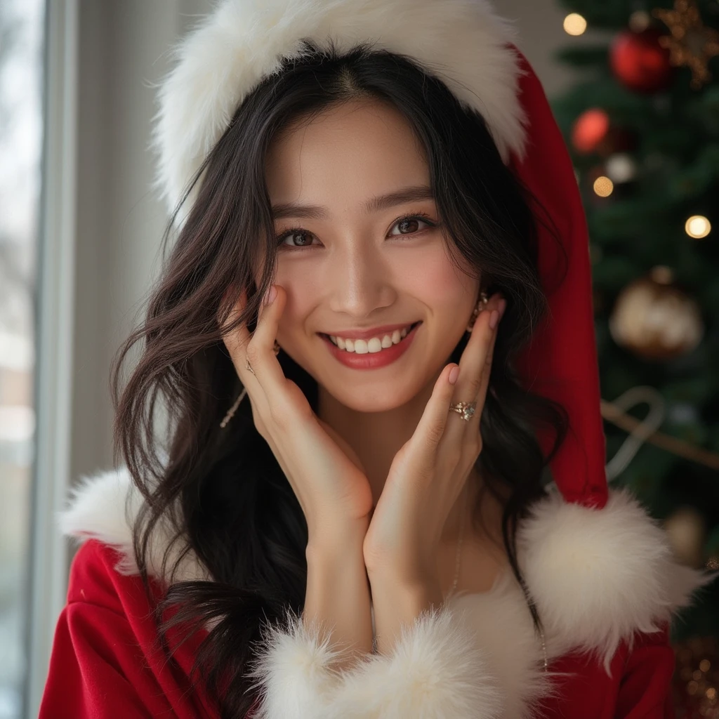 Portrait of a young cute asian woman in Santa's vibes. she is joyfully grining.
White skin, black eyes, black hairs , Santa Claus clothes. Hyperrealism , realistic, hyperealistic, most realistic image. Photo shoot of a famous social media influencer. Style of photo shooting.