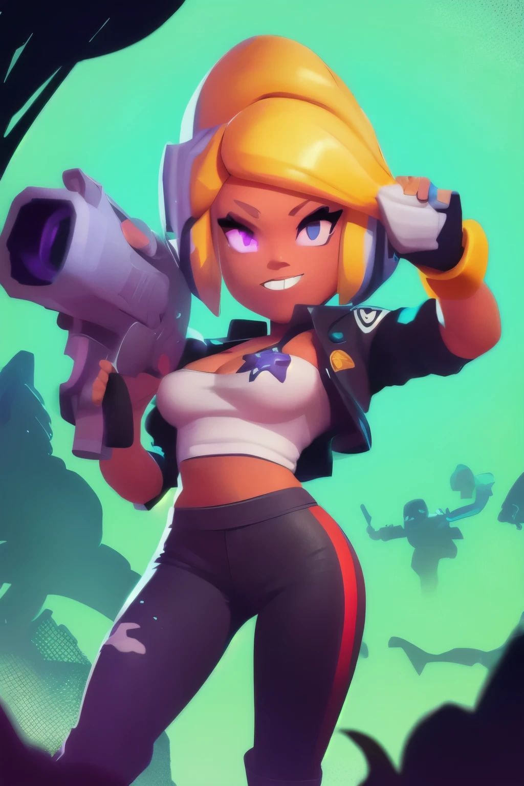 a full body close up of a person holding a gun and a flashlight, (A hot cowboy girl holding revólver in brawl stars style) , brawl stars, splash art brawlstars, epic art style, blaster fire bright as neon, game character, in game style 8k, merged character, fortnite art style, stylized character, holding a blaster, slick clammy skin, clash royal style characters, mobile game style, new character