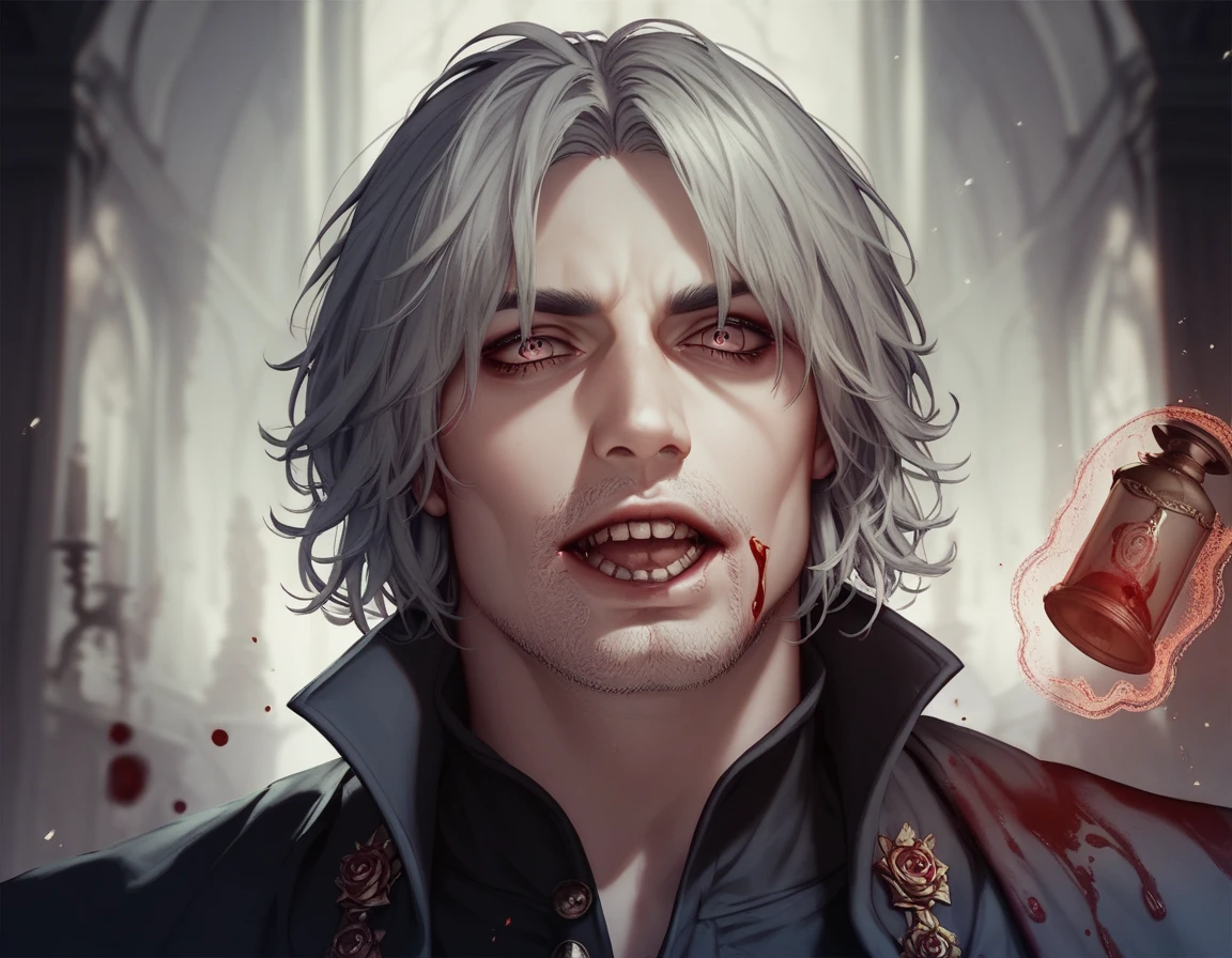 Dante Sparda,  Courageous,  victorian style, magic,  Dante from DMC , Divine, horror, Dark tones, Blood