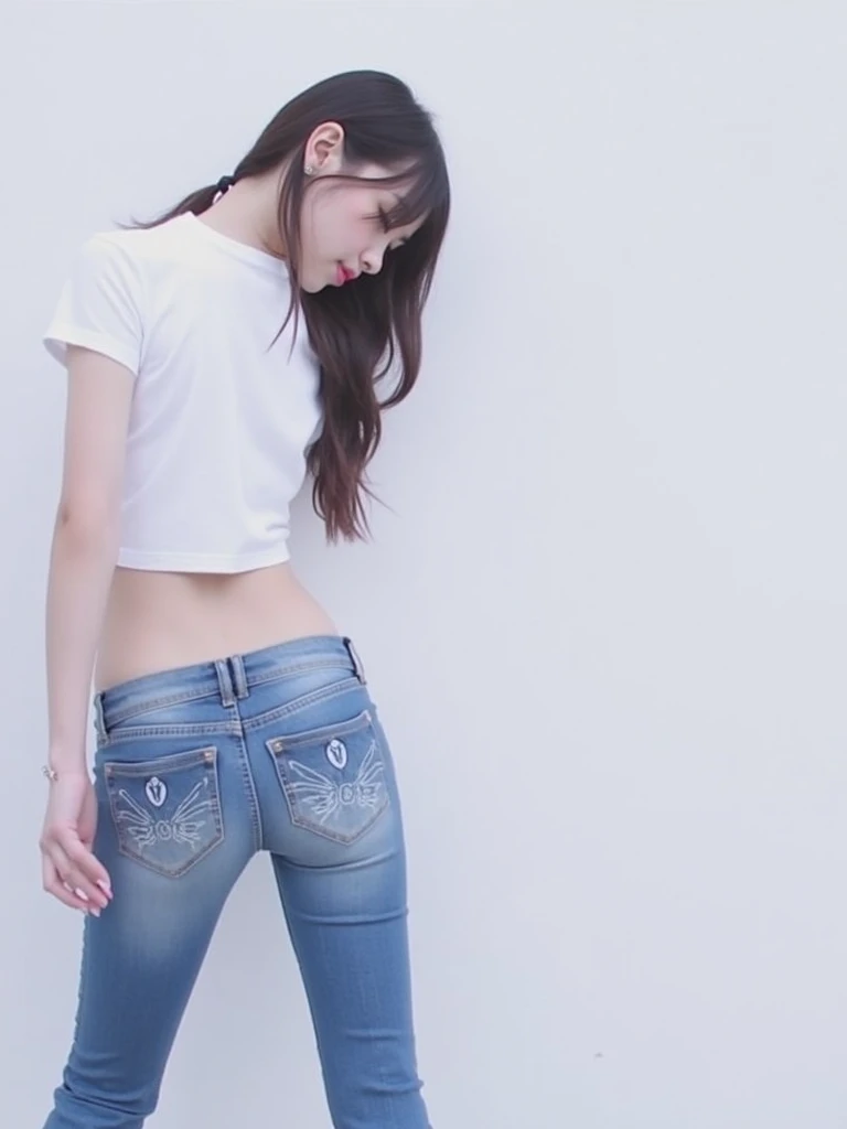 Adorable Girl . Very Kawaii , Round Face . Solo , Slim , Medium Breasts , Short Stature . Glossy Skin . Plain White T-shirt . Booty Shorts . Dynamic Pose . Dynamic Angle . No Background , White Background , looking at viewer, darker shadows, (((ultra sharp)))