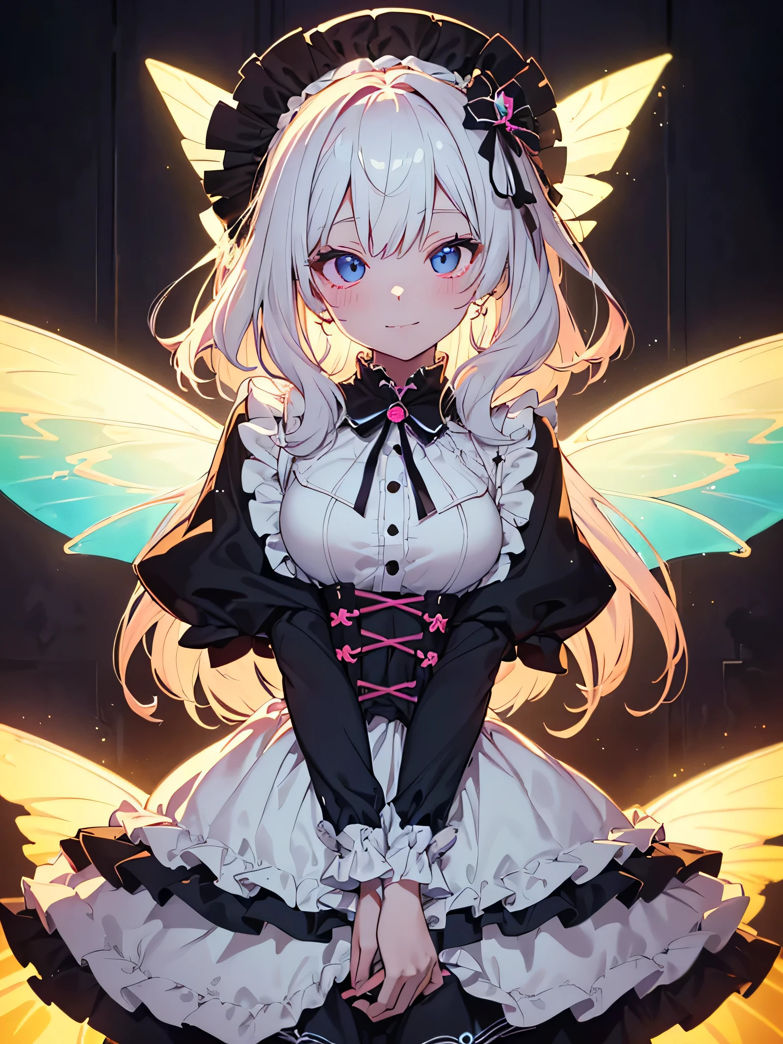 1girl, pretty face、、((( dynamic best composition、 top quality 、 Masterpiece、High-definition CG、 super detailed 、32K)))、Neon tattoo all over body 、 fairy wings、 Milky White to Seven Color Gradation Hair Color、 best smile 、 happy、happiness、Gothic Lolita Clothes 、Neon Outline、 fisheye lens、