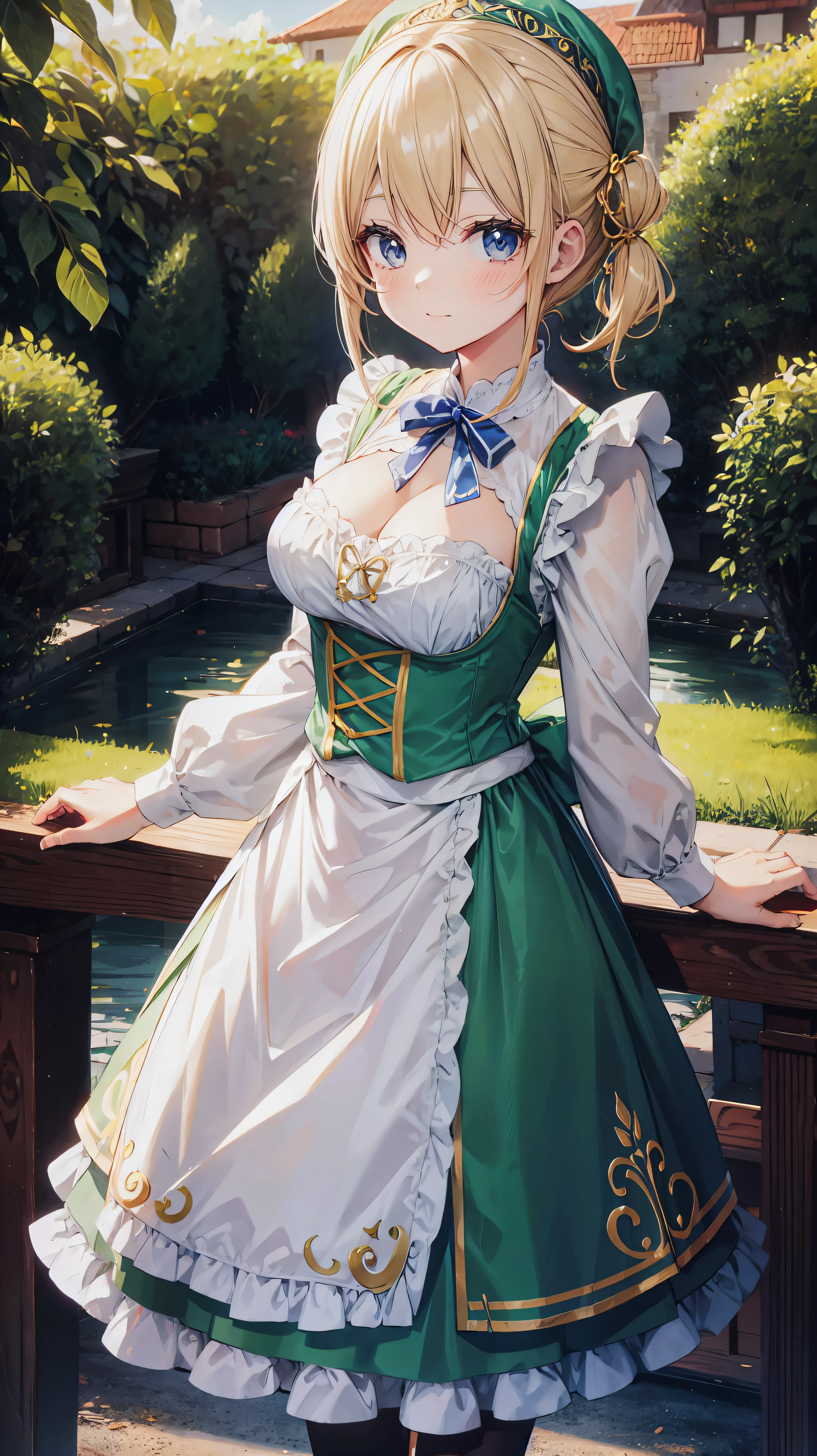 Anime girl in green and white dress standing on a railing - SeaArt AI