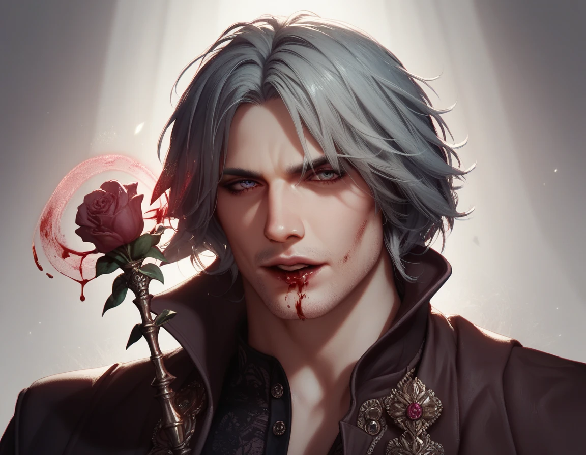 a powerful and magestic Dante Sparda, victorian style, dark magic, Dante from DMC, divine, dark tones, blood