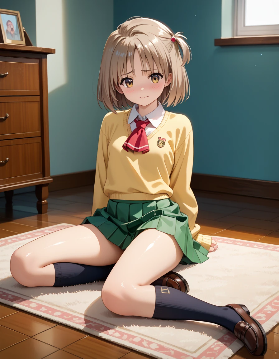 (((alone))),(((1 Girl))),  beautiful, figure, Highly detailed skin, masterpiece, Highest quality, Highly detailed face, Vibrant colors, Depth of written boundary, Cinema Lighting,, One girl, alone, Brown eyes, Brown Hair, hair ornaments,short hair,Green Check Skirt,blush, White shirt, Yellow sweater vest,masterpiece Highest quality 高解像度、Anna Tanaka ,  Sit with your knees bent、eight-headed body、Beautiful feet 、On campus、As if looking up from below、Embarrassing,Browsing Caution,White panties,Camel Toe
