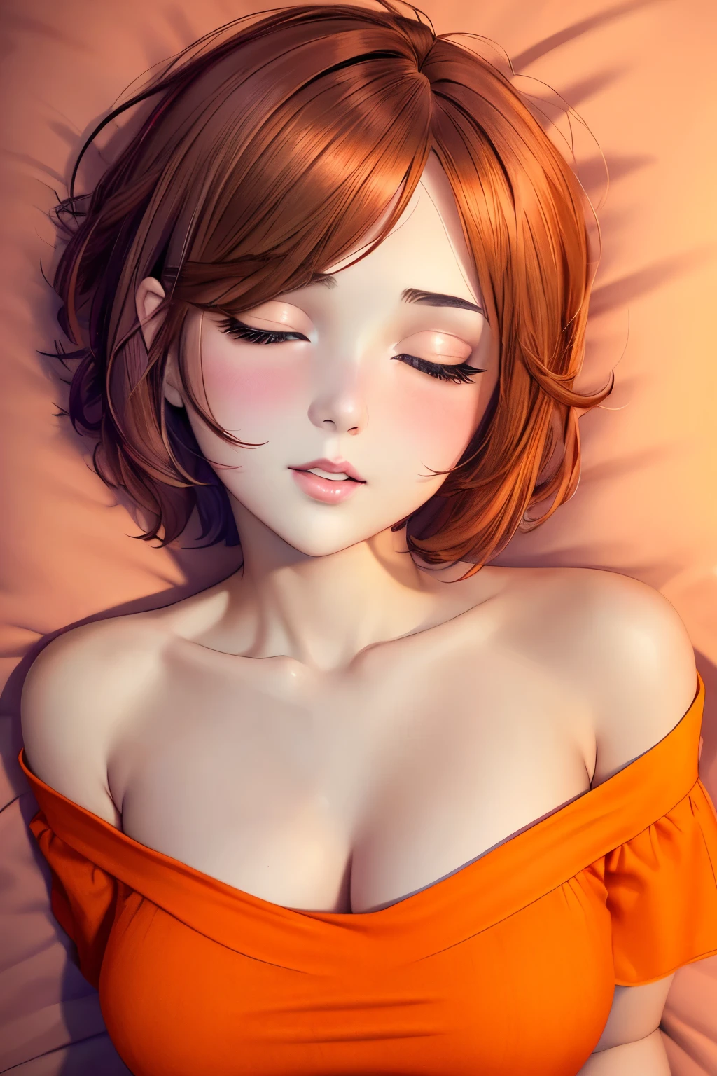 (mature woman:1.3), adult, solo, (ginger short hair:1.3), brown eyes, large breasts, (cute pink plush pajamas:1.1), open neckline, lying on the bed, blushing, (embarrassed:1.1), (masterpiece), (high quality), (best quality), (detailed), hd, perfect lighting, detailed face, detailed body, full body,