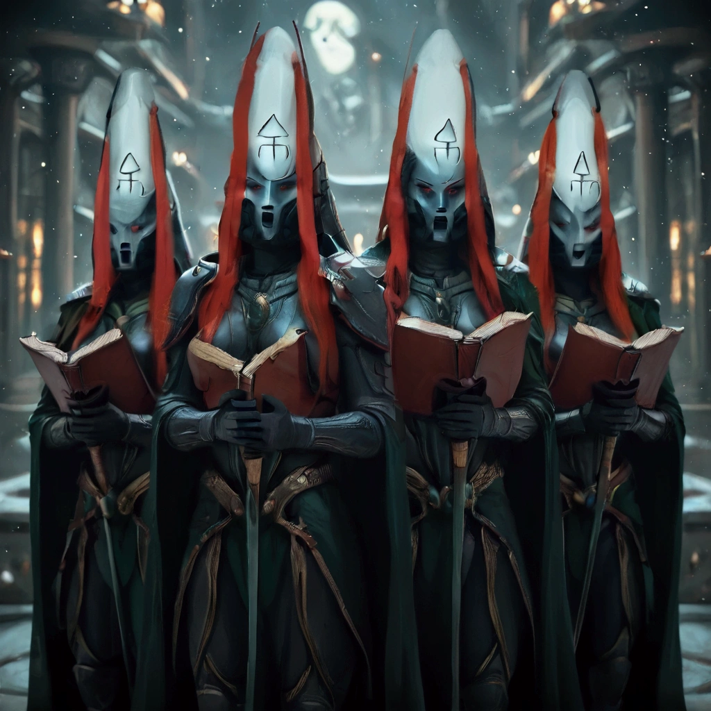 4girls, eldar, redhead, white armor, helmet:1.5, howling banshee, rune, obscured face, mask, Aeldari armor, streamlined armor, full body armor, power armor, helmet, red eyes, glowing eyes 