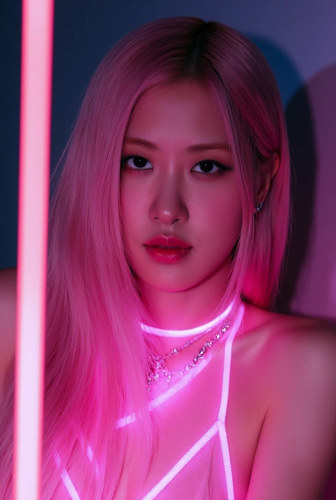 8K, ultra hd, masterpiece, 1 girl, (good face:1.4), detailed eyes, very long hair, impressive hairstyle, earings, necklace, small breasts, (cloth glowing outfit:1.5), see-through, (pink laser outfit:1.5), Light-colored foundation brings out the skin, (in the dark:1.5), mystery, (laser lights:1.5), glowing lights, very decoration, The laser falls like water, perfect front body, sitting,