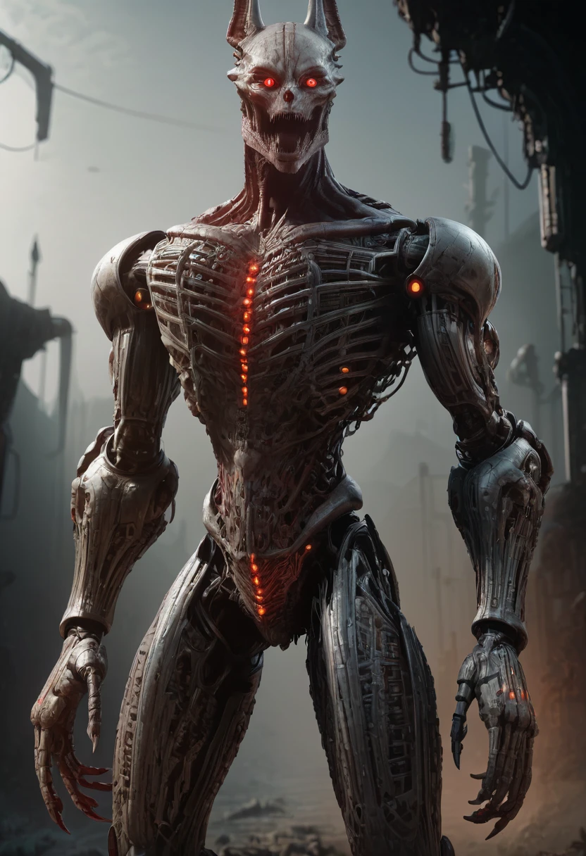 gigerworld, anthro jackal, heavy armor, bulky, wide chest, monstrous, open mouth, ultra detailed, 4k, warrior, demonic, red glowing eyes, long hands, strong arms, multiple eyes, smooth body, robotic joints, robotic parts, mechanization, horror, score_9, score_8_up, score_7_up, score_6_up, score_5_up, score_4_up,