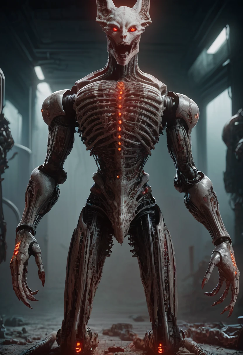 gigerworld, anthro jackal, heavy armor, bulky, wide chest, monstrous, open mouth, ultra detailed, 4k, warrior, demonic, red glowing eyes, long hands, strong arms, multiple eyes, smooth body, robotic joints, robotic parts, mechanization, horror, score_9, score_8_up, score_7_up, score_6_up, score_5_up, score_4_up,