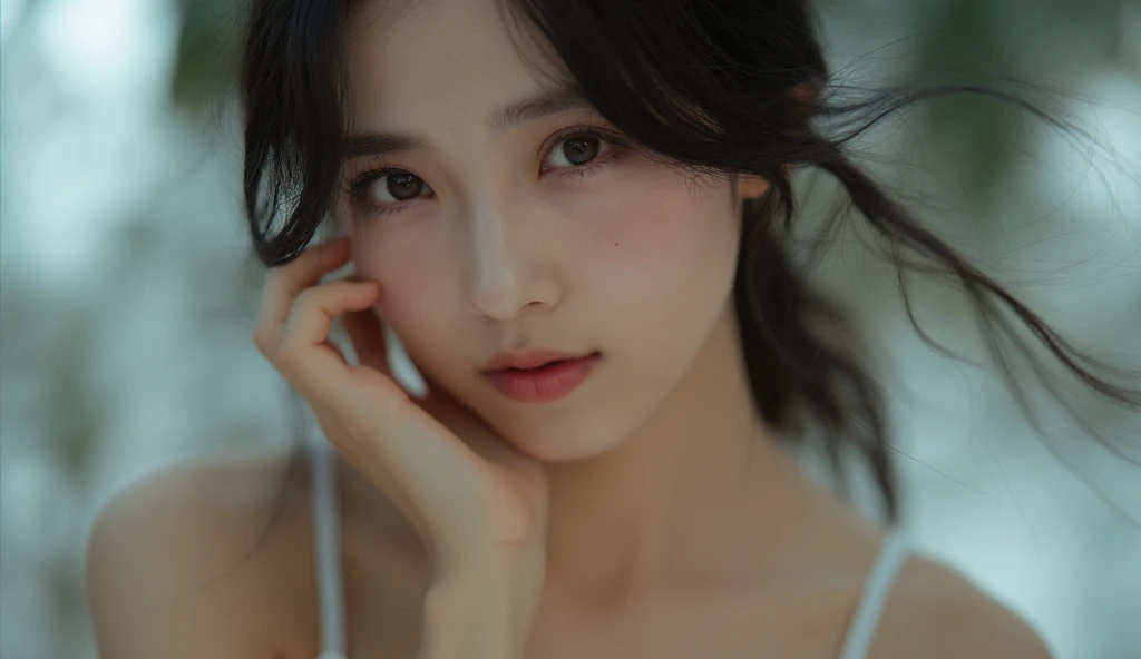 Close up photo portrait, A realistic overexposed photograph, a thoughtful cute asian woman , flowing black hair and amazing eyes, captivating looks, white camisole, sharp focus.
Realistic as possible. 8K resolution