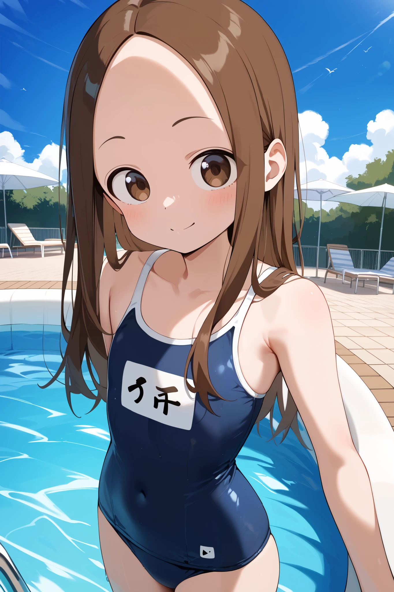 NSFW,masterpiece, top quality , high res, very detailed,Takagi\(からかい上手のTakagi\), long hair、Brown Hair、 split bangs,Forehead、clavicle, school swimsuit,string, high leg,Pool