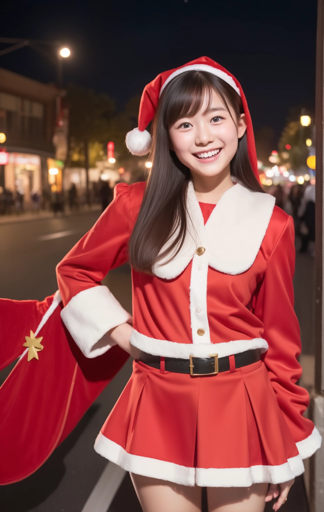 8k, highest quality, masterpiece,Japanese high school girl, , medium hair, street, Santa Claus clothes、 miniskirt、 mini skirt Santa 、Smiling face、 I have a big present、Christmas night background 、A city with bustling Christmas decorations、