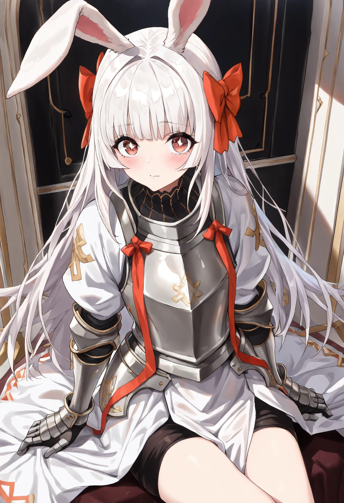 ((Best quality, 8k, Masterpiece: 1.3)), Sharp focus A beautiful woman with perfect body, Highly detailed face and skin texture, (Detailed eyes), rabbit ears, hime cut, white hair, hair bow, ribbon, pupils sparkling, tareme, (knight wearing steel armor), cowboy shot, sitting, solo