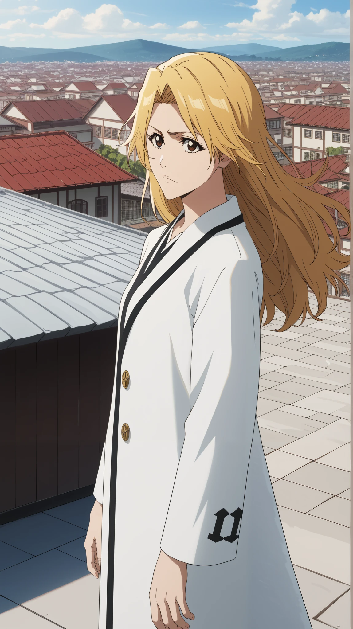   1 girl   ,  young girl  , solo,  anime character  "bleach" (((black form shinigami ))).
Appearance:  brown eye  ,  long straight light yellow hair, ( Long hair fluttering in the wind , neck )
(((background: evening, dark,  Standing on the roof of a building , stands on the roof of a tall house ,  stands on the roof in the clouds )). (( holds a katana in his hands)),  ((косоде чëрного цвета, хакаме чëрного цвета)), одежда синигами из аниме блич. 