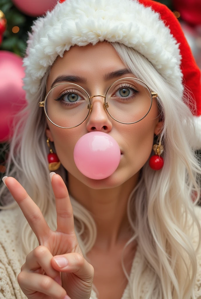 realism, (masterpiece), (best quality), (ultra-detailed), macro photo, illustration, disheveled hair, detailed eyes, perfect composition, moist skin, intricate details, earrings, by wlop, Macro Photography, close-up, macro 100mm, macro photography, 
A portrait shot of a beautiful woman with white hair, wearing round glasses and a Santa hat. She is blowing bubble gum and making a peace sign hand gesture. The scene features a Christmas theme with pink, red, and white colors. a high-quality 300 DPI PNG with a holiday background,