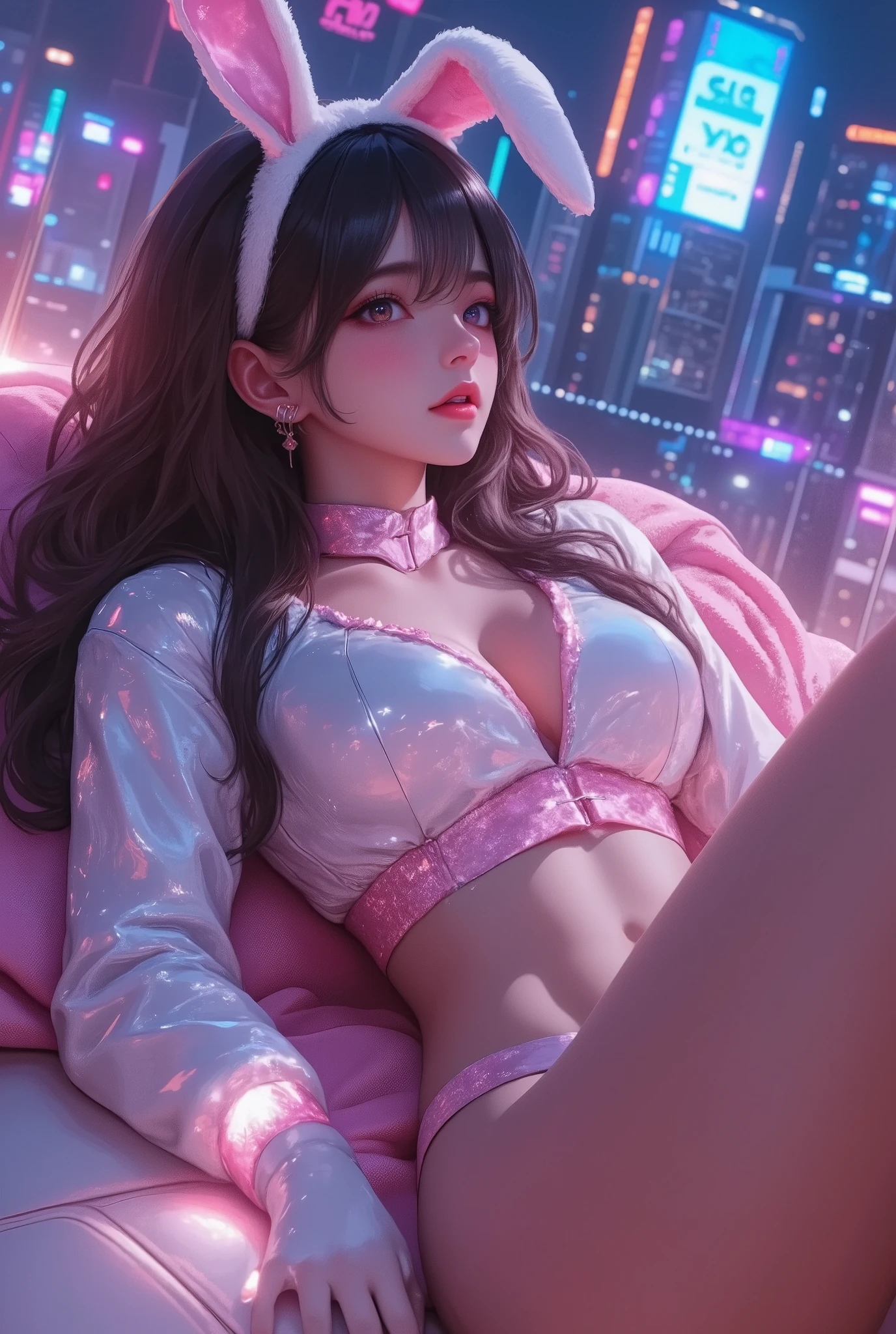 (((Perfect photo))), One Girl, alone, , Azusa Nakano, , Jacket, View your viewers, smile, SFW with hidden breasts, Big ample breasts!, SFW Big, Beautiful and seductive anime woman, Big ample breasts!!, Bust ratio adopted, Highest quality, Official Art, Best Anatomy, ((Super shiny reverse bunny girl,bbunnysuit, pantyhose, fake bunny ears, wrist cuffs, bowtie:1.5))、Glowing Skin、Cowboy Shot, (From belowの超クローズアップ)、(((From below、Between the legs,Focus the chest, stomach and between the legs in the center of the screen.:1.8)))、Ultra gloss body paint、(((Lying on my back in the neon city of the future)))、((Beautiful and big buttocks))