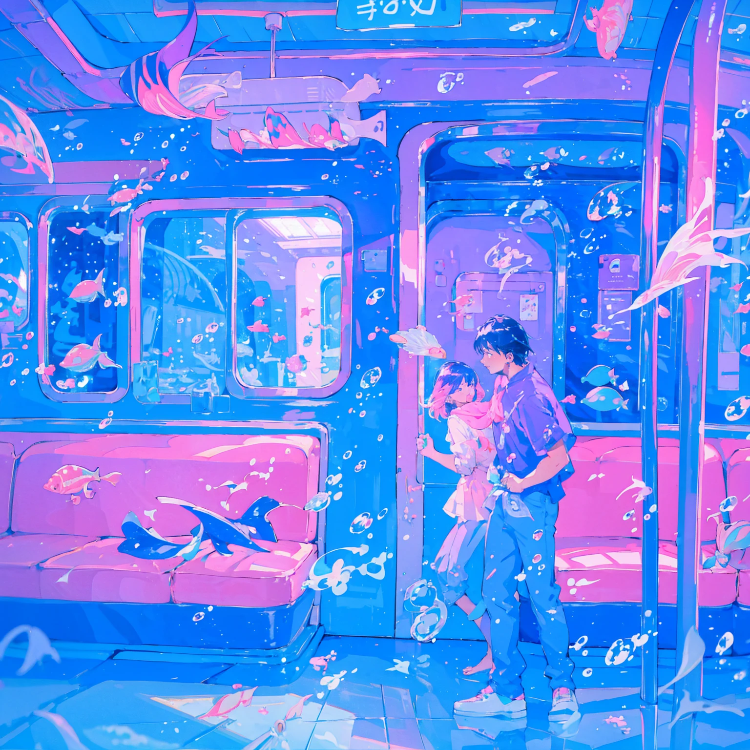  one boy ,Alone,cute, older man grabs girl's breast on a train ,water,bubble,water splash,Floating fish,Blue and pink and purple