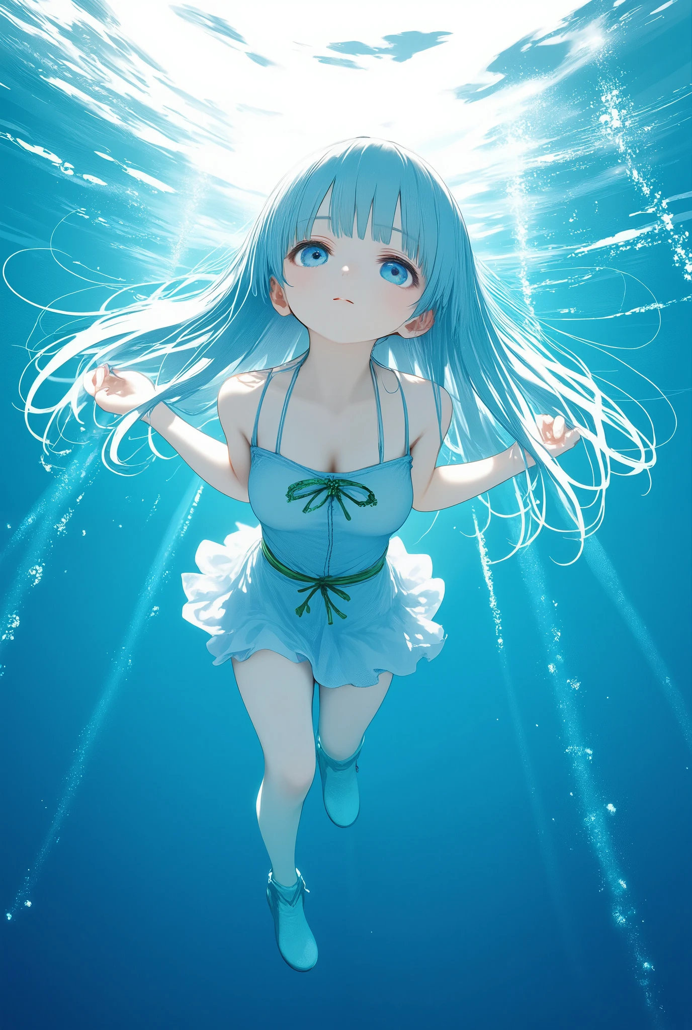 best quality, masterpiece, under water, floating, sunlight, bubbles, full body, 1girl, solo,trk, (petite:1.2), aqua /(konosuba/) like costume,, long hair, blue eyes, hair ornament, very long hair, blue hair, hair rings, single hair ring,
blue skirt, blue shirt, thighhighs, bare shoulders, detached sleeves, white thighhighs, green bow,blue boots