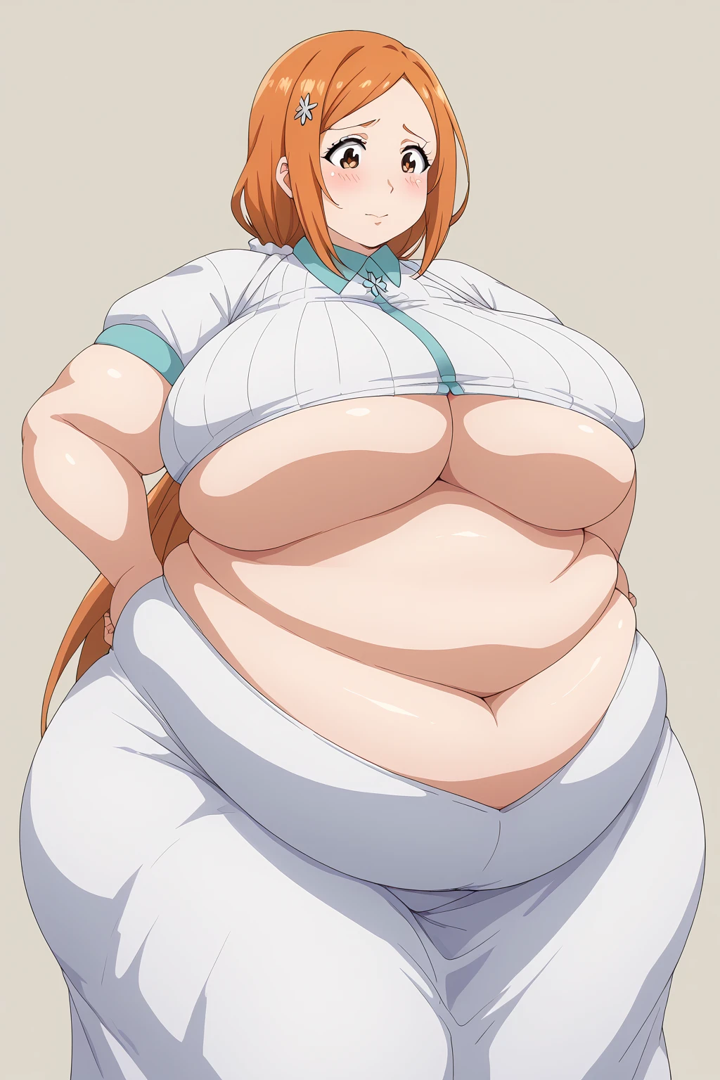 inoue orihime, Orihime Inoue,  long hair,  orange hair,  Teal Eyelids,low ponytail, White scrunchie, ((pink long skirt)),((red short sleeve blouse)), score_9,  score_8_ up,  score_7_ up,  score_6_ up,  score_5_ up,  score_4_ up,  Masterpiece ,  top quality , Very aesthetic,   absurd,  Source_Anime, Anime screencap 一人の女性、Alone、 personal 、Super huge breasts, ((( super huge clevis 、Super huge, Super huge boob))),Curvy、 Wide Hips、 embarrassed expression、 indoor、Fat body,  in her 20s,  obese , chybby, weight gain ,  embarrassing expression ,  sloppy stomach、blush, Mature Woman, milf, Fat face, double chin ,  troubled expression, Married Woman, 40 years old