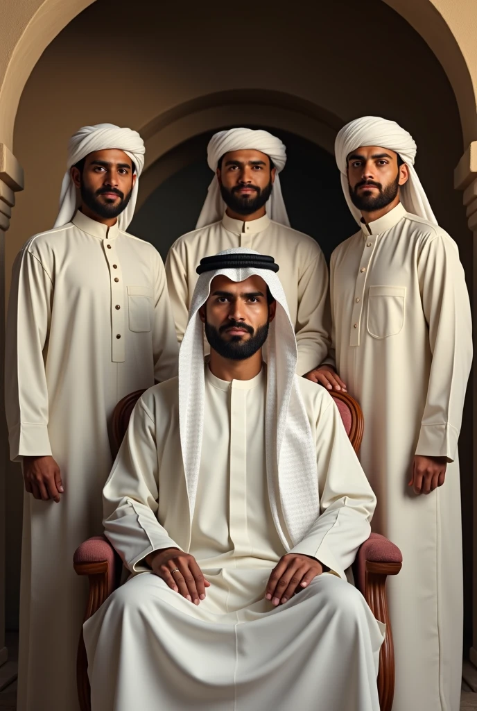 4 arab men with white cloth standing in front of beautiful heaven while smiling, realistic, high quality