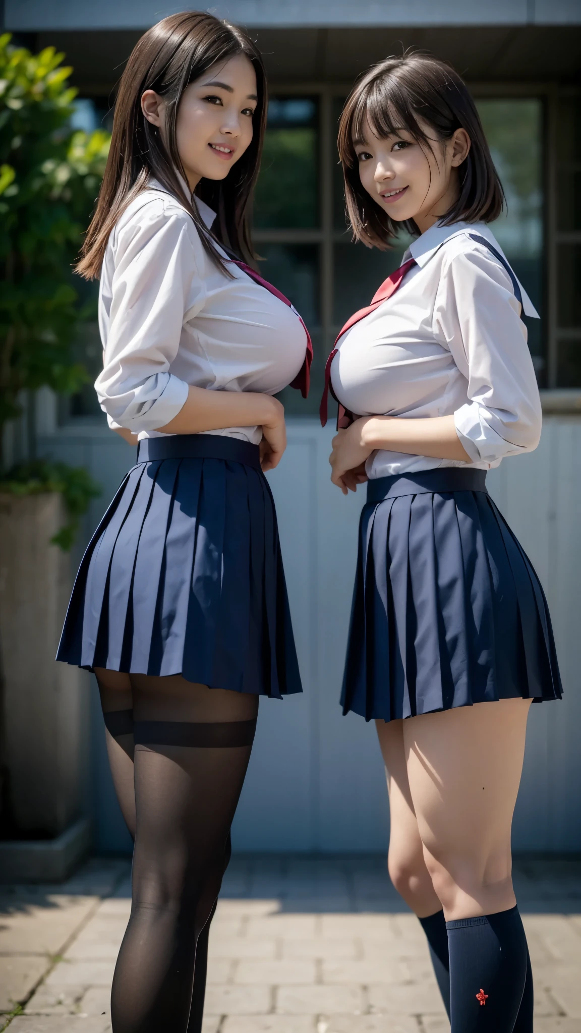  top quality ,masterpiece, super high res, high-definition RAW color photo staring at your feet, professional photos , natural skin texture, fine skin, hyperrealism , smiles, cute smile, shortcut hair,((gigantic breasts), high school girl uniform with the upper half tied ,Black pantyhose,asymmetrical docking,2 women),from side,minimal background , upper body lift with an emphasis on facial expression