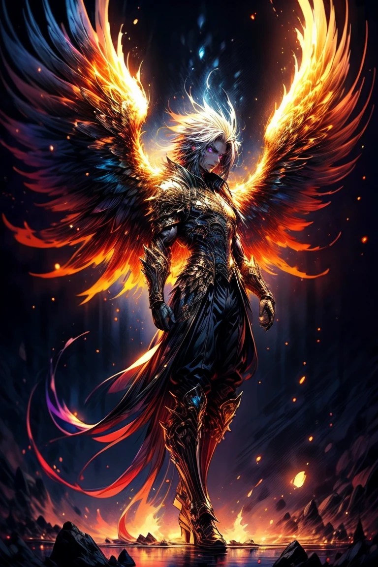 Masterpiece, best quality, high resolution, unified 16k wallpapers, uhd, DSLR, clean, highly detailed, 1 male, 1 young man, handsome face, good looking face, long white hair bone straight ( light in the hair ), bright Violet purple eyes ( glowing eyes), large angel wings ( purple colored wings ), wings on fire ( purple colored flames ), glowing angelic being, inspired by a Phoenix warrior, cold expression ( cold look ), surrounded by the splendos of the earth, toned muscles and physique, wearing black pants, black hoodie and watch, pay attention to stunning details, cinematic, and achieve a resolution of 128k, floating, with a majestic aura of authority, shadowverse style. Full body