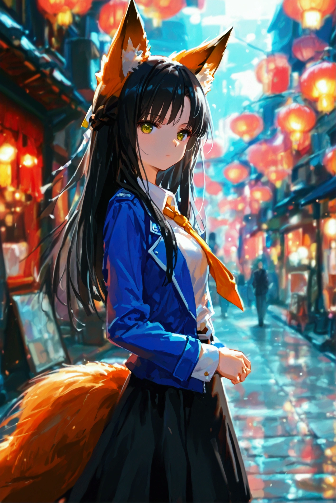 best quality,more detail,1 girl,hoshimi miyabi,black hair,long hair,straight hair,fox ears,black skirt,blue jacket,necktie,standing,street