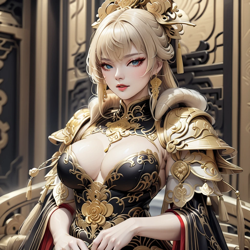 ((best quality,4k,highres,masterpiece:1.2)),((character concept art)), 1 female, age 25, Chinese Hong Kong, Hong Kong Elite, eldest sister, triad female leader, Known for her impeccable fashion sense and elegant demeanor, she is a true embodiment of the Versace brand. Her body language is as captivating as her style, always exuding confidence and high fashion. (((She's wearing an exquisite Versace Barocco-print Shirt in Silk and Barocco-print leggings gold-tone/white/black, a true testament to the brand's luxurious aesthetic.))) Paired with Versace Medusa Tribute Sandals, she carries her ensemble with an air of effortless sophistication. Her accessories include a Versace Medusa Tribute Bag and a pair of Versace Tribute Sunglasses, enhancing her overall look. ((intricate detail)), super finely detailed hands, ultra finely detailed fingers(((ten fingers))), (standing still with confidently), (full body showcase), (show full body), (no logos on background), (no logo), ((plain background)), ((plain background)), (((empty background))). Huge perky breasts, deep cleavage 1.8, thick thighs, hands in hair, cameltoe 1.8, curvy, ((sitting on sofa, spreading legs wide open , cameltoe 1.8))
