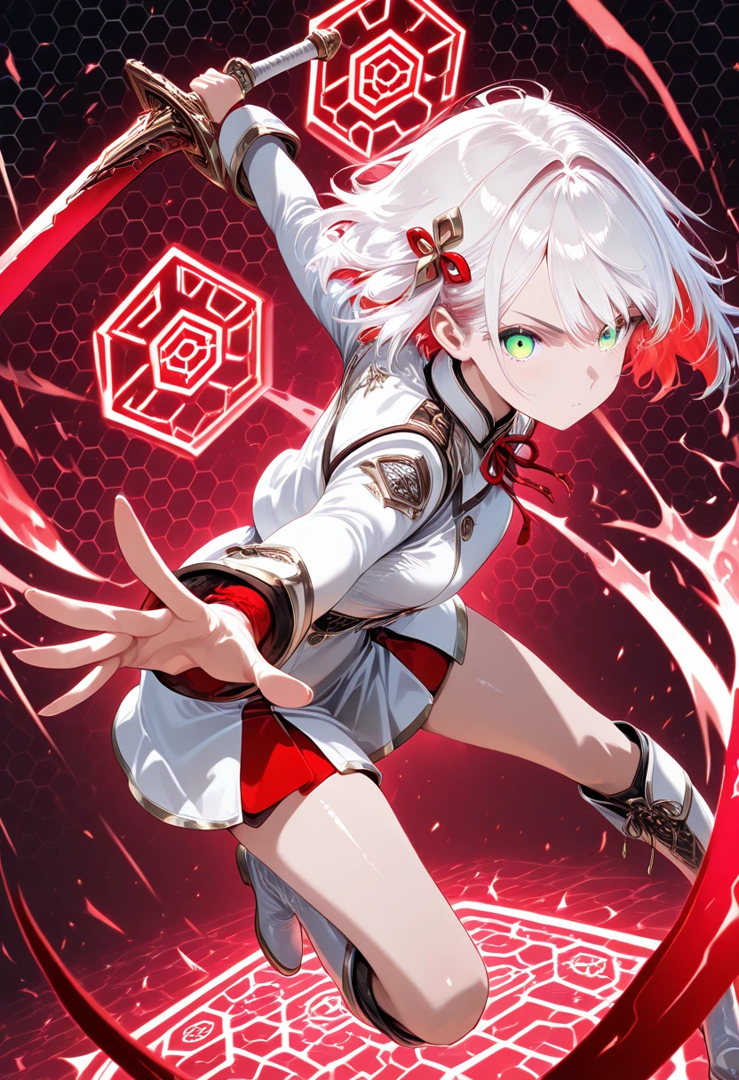 1girl, green eyes, red sword, dynamic pose,white hair, school outfit, white uniform combined with some brown accents, high knee boots, holding sword, spread hand, looking at viewer, simple hexagon background