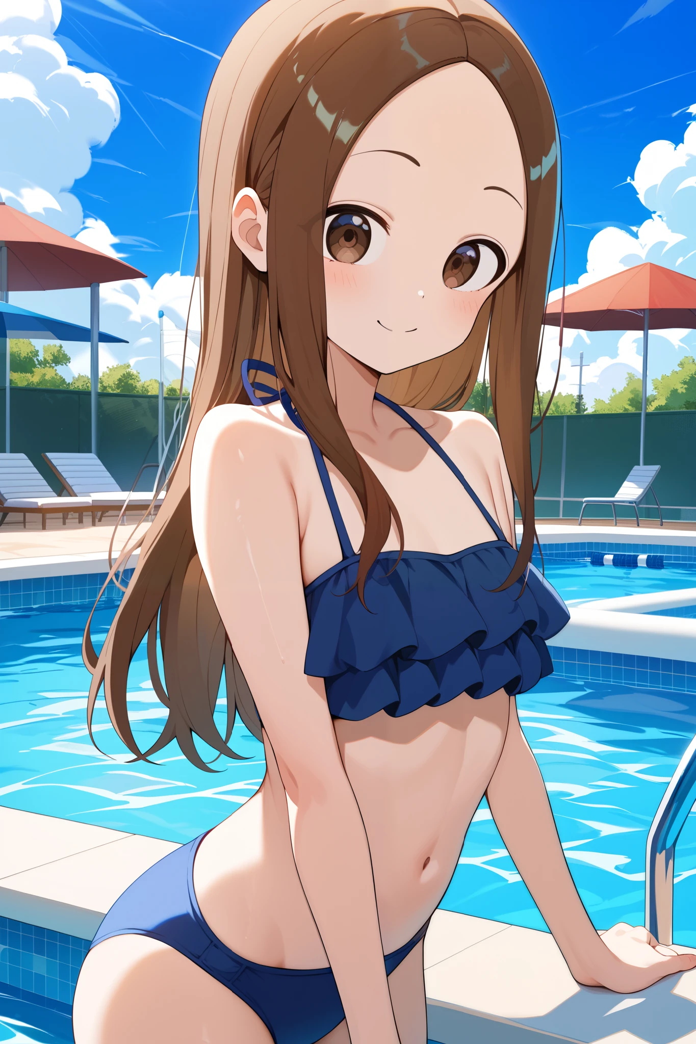 NSFW,masterpiece, top quality , high res, very detailed,Takagi\(からかい上手のTakagi\), long hair、Brown Hair、 split bangs,Forehead、clavicle, bikini,Pool, theme parks