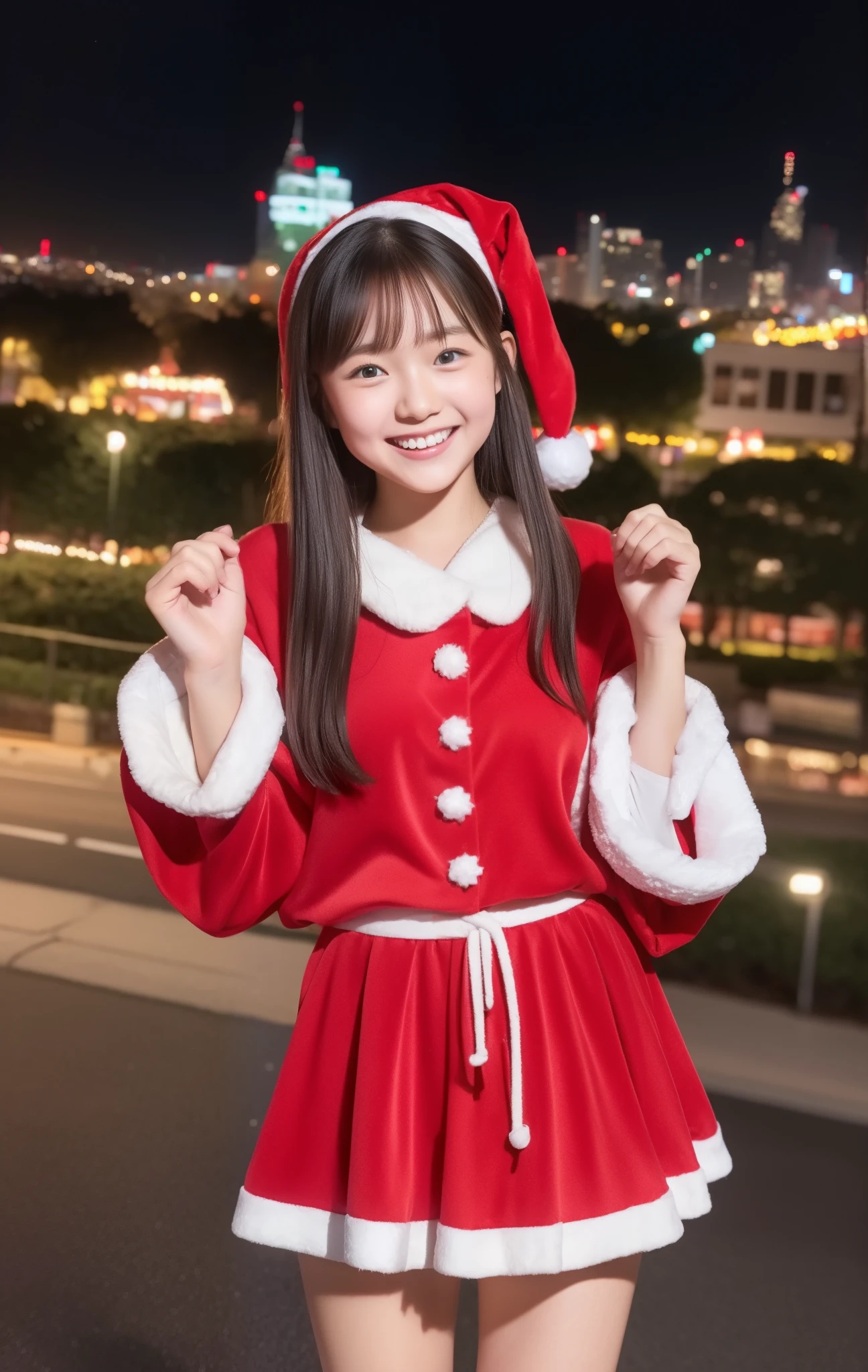 8k, highest quality, masterpiece,Japanese high school girl, , medium hair, street, Santa Claus clothes、 miniskirt、 mini skirt Santa 、Smiling face、 Christmas night background 、A city with bustling Christmas decorations、I have a big Christmas present in both hands、