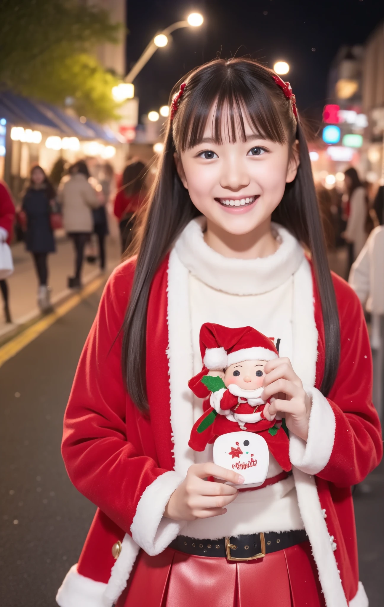 8k, highest quality, masterpiece,Japanese high school girl, , medium hair, street, Santa Claus clothes、 miniskirt、 mini skirt Santa 、Smiling face、 Christmas night background 、A city with bustling Christmas decorations、I have a big Christmas present in both hands、