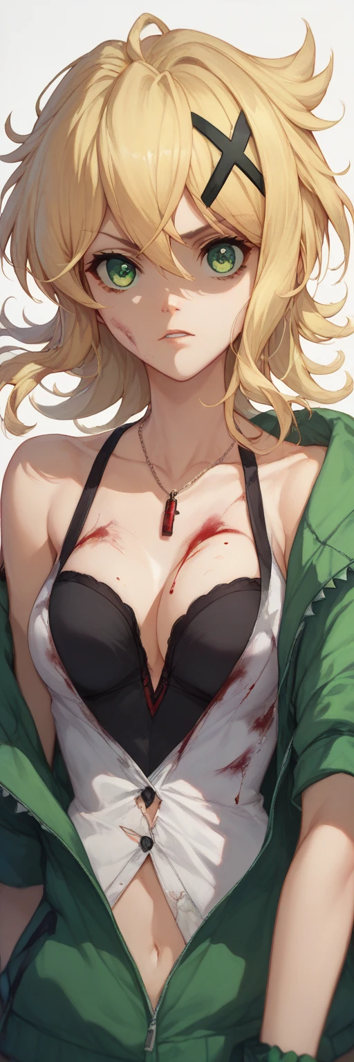 akatsuki kirika blonde hair, 1girl, Alone, green eyes, looking at viewer, medium breasts x hair ornament,A production where clothes blow away、 some clothes damaged 、fight、Bloody、Feeling like there's momentum