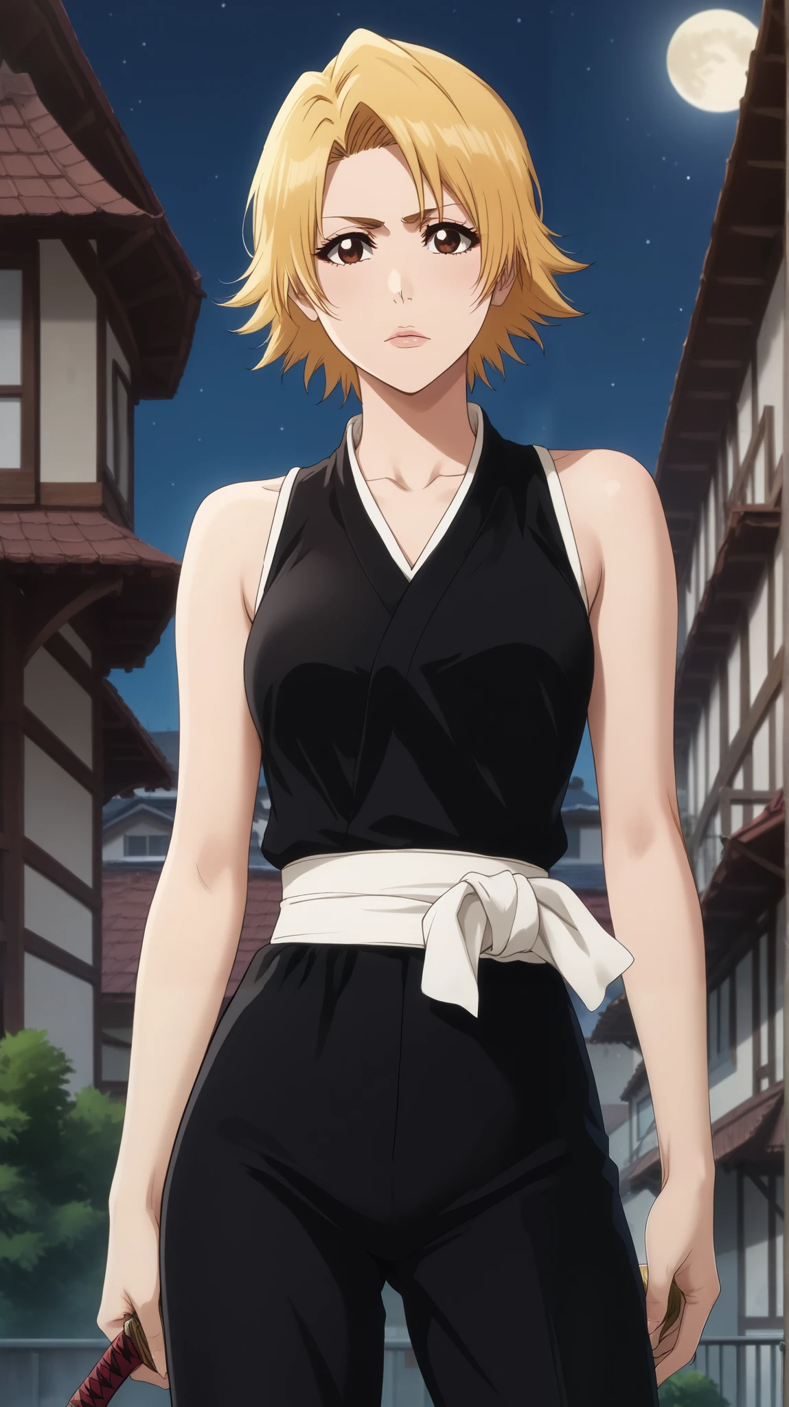 1 girl of fifteen years old , young girl, Alone,  shinigami from anime bleach .
Appearance:  brown eye ,  long straight light yellow hair,  hairstyle with two ponytails made of blond hair on her head,  low short hair tails from the back of her head , black shinigami clothes, sensual lips, losed mouth , Blonde Hair ((black kosode ,  sleeveless black hakame , Black-coloured clothes синигами, no sleeves)) Black-coloured clothes,  black clothes , Black-coloured clothes синигами, ((( black colored clothes ))) 
 Standing on the roof of a tall building ,  high house roof ,  girl stands on the roof of a tall house and holds in katana hands, katana in hand,  high-ranking roof , Night, moon, большая жëлтая moon за спиной девушки,  hair develops in the wind 