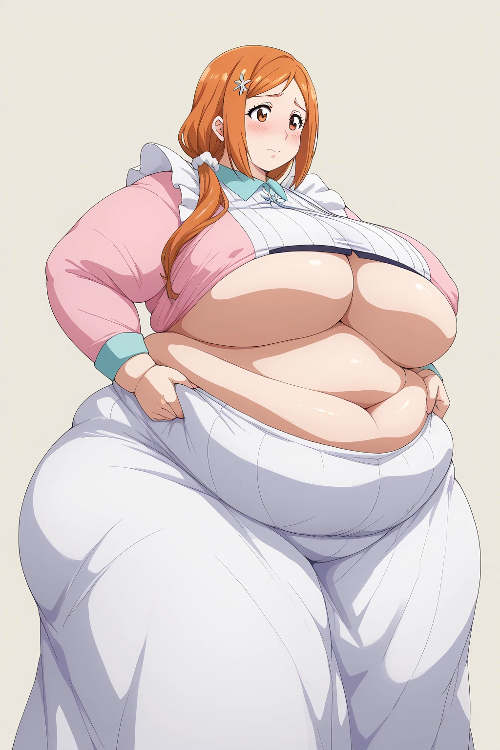 inoue orihime, Orihime Inoue,  long hair,  orange hair,  Teal Eyelids,low ponytail, Hair tied back,White scrunchie, (( pink long skirt)),((red short-sleeved shirt )),blouse,  white apron, score_9,  score_8_ up,  score_7_ up,  score_6_ up,  score_5_ up,  score_4_ up,  Masterpiece ,  top quality , Very aesthetic,   absurd,  Source_Anime, Anime screencap 一人の女性、Alone、 personal 、Super huge breasts, ((( super huge clevis 、Super huge, Super huge boob))),Curvy、 Wide Hips、 embarrassed expression、 indoor、Fat body,  in her 20s,  obese , chybby, weight gain ,  embarrassing expression ,  sloppy stomach、blush, Mature Woman, milf, Fat face, double chin ,  troubled expression, Married Woman, 40 years old