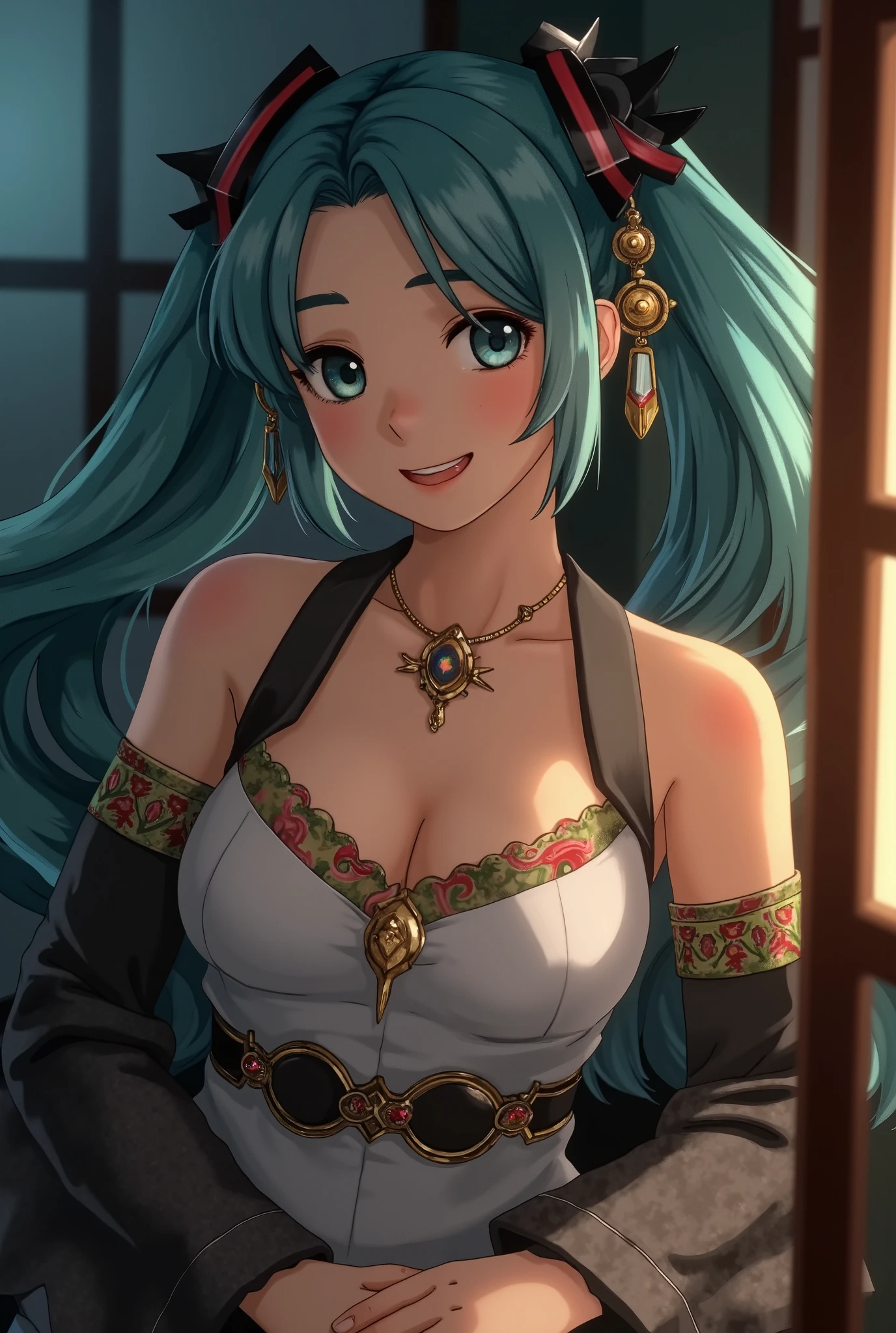 (masterpiece、最 High Quality 、最 High Quality 、 Official Art、 Beautiful and Beautiful :1.2)、( One Girl :1.3) Hatsune Miku 、 twin tails, Beautiful breasts,   cute girl、最 High Quality , masterpiece, High ResolutiOn,  One girl , , ( seductive smile: 0.8), Star Eyes , Chinese Hanfu,  hair accessories,  necklace, gem, Beauty, On_body, tyndall effect,  realism, Shadow Room, Light Edge, Two-tOne Lighting, ( High Detail Skin : 1.2), 8K UHD,  SLR during homework, Soft light,  High Quality ,  volume lighting, Hidden Photos, High ResolutiOn, 4K, 8k,  Blurred Background, Light tulle,