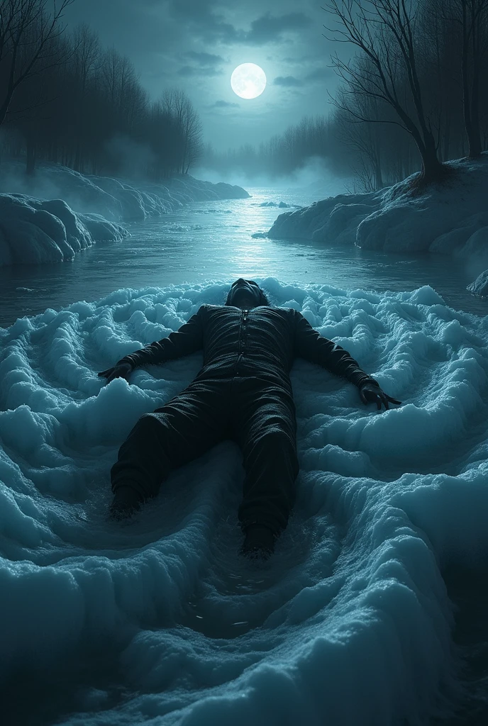 (masterpiece, 8K, UHD, photo-realistic:1.3), man dressed as Rasputin, long black hair, (rugged robe:1.2), sleeping on a frozen river, (half-covered by water and ice:1.4), lying between the ice in an uncomfortable sleeping position, dark, intimidating atmosphere, moonlit night, sparkling frost, Greg Rutkowski style.