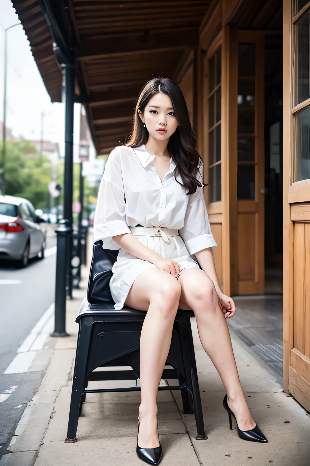 4K、 Sharp Focus、((( sitting in an orderly manner )))、 Beauty 、 impeccably styled hair 、Knee height seat、Photographer&#39;s perspective 、 tall woman、 1 woman 、whole body、( smiling at the cameraman )、 tight skirt 、( Overknee Socks )、 high heels、 sexy dress、length legs、Heavy makeup、 Completely-valid、 Perfectly styled hairstyle、  clothes that allow you to see the chest 、glass、length, Thin elbows 、( high school girl in a white blouse )、Perfectly symmetrical eyes、Fuller lips、 plump breasts 、Slim waist、 sweaty thighs、２Book Arms、( Overknee Socks )、(Accurate joint locations５refer to)、 woman with anatomically accurate muscles and bones、、