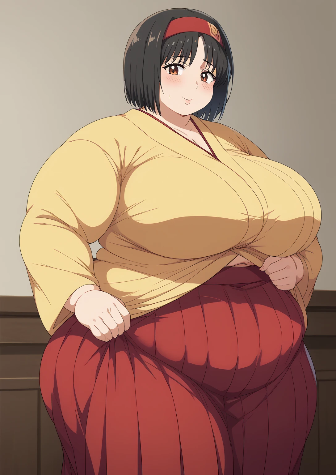 Erika, Erica,   brown eyes,  Black Hair,  red headband,   Shorthair,  yellow kimono,  boobs are not exposed,   Long Sleeve  ,  red hakama, score_9,   score_8_ up,   score_7_ up,   score_6_ up,   score_5_ up,   score_4_ up,     masterpiece   ,   top quality,     very aesthetic  ,    absurd,    Source_Anime, Anime screencap,    one woman , Alone,   personal   ,  Super huge breasts, (((S uper huge クレビス, Super huge , Super huge boob))), Curvy,   in her 20s,  Mature Woman,   obese , ,  troubled expression, ssbbw,  embarrassing expression , Japanese-style room, Hunger, sighing 