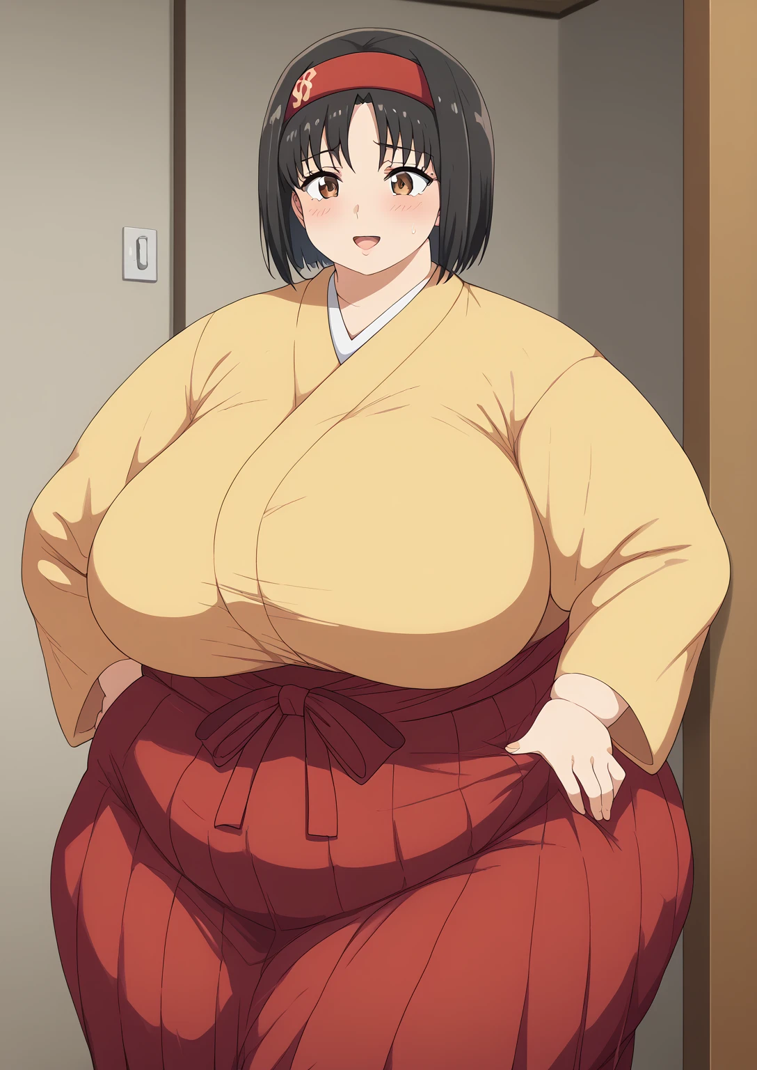 Erika, Erica,   brown eyes,  Black Hair,  red headband,   Shorthair,  yellow kimono,  boobs are not exposed,   Long Sleeve  ,  red hakama, score_9,   score_8_ up,   score_7_ up,   score_6_ up,   score_5_ up,   score_4_ up,     masterpiece   ,   top quality,     very aesthetic  ,    absurd,    Source_Anime, Anime screencap,    one woman , Alone,   personal   ,  Super huge breasts, (((S uper huge クレビス, Super huge , Super huge boob))), Curvy,   in her 20s,  Mature Woman,   obese , ,  troubled expression, ssbbw,  embarrassing expression , Japanese-style room, Hunger, sighing 