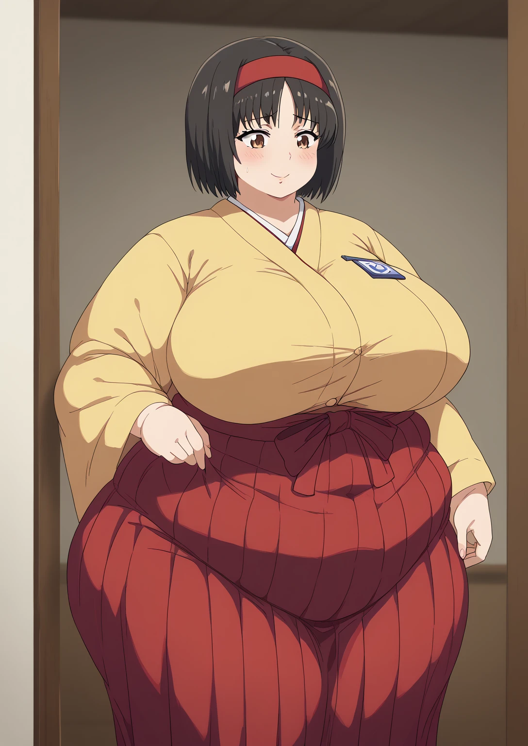 Erika, Erica,   brown eyes,  Black Hair,  red headband,   Shorthair,  yellow kimono,  boobs are not exposed,   Long Sleeve  ,  red hakama, score_9,   score_8_ up,   score_7_ up,   score_6_ up,   score_5_ up,   score_4_ up,     masterpiece   ,   top quality,     very aesthetic  ,    absurd,    Source_Anime, Anime screencap,    one woman , Alone,   personal   ,  Super huge breasts, (((S uper huge クレビス, Super huge , Super huge boob))), Curvy,   in her 20s,  Mature Woman,   obese , ,  troubled expression, ssbbw,  embarrassing expression , Japanese-style room, Hunger, sighing 