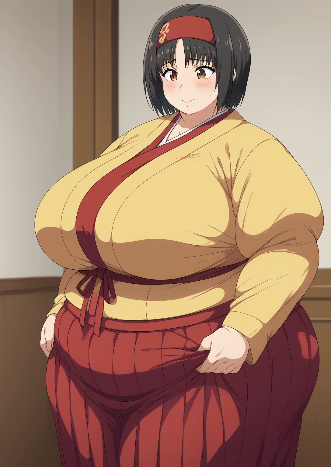 Erika, Erica,   brown eyes,  Black Hair,  red headband,   Shorthair,  yellow kimono,  boobs are not exposed,   Long Sleeve  ,  red hakama, score_9,   score_8_ up,   score_7_ up,   score_6_ up,   score_5_ up,   score_4_ up,     masterpiece   ,   top quality,     very aesthetic  ,    absurd,    Source_Anime, Anime screencap,    one woman , Alone,   personal   ,  Super huge breasts, (((S uper huge クレビス, Super huge , Super huge boob))), Curvy,   in her 20s,  Mature Woman,   obese , ,  troubled expression, ssbbw,  embarrassing expression , Japanese-style room, Hunger, sighing 