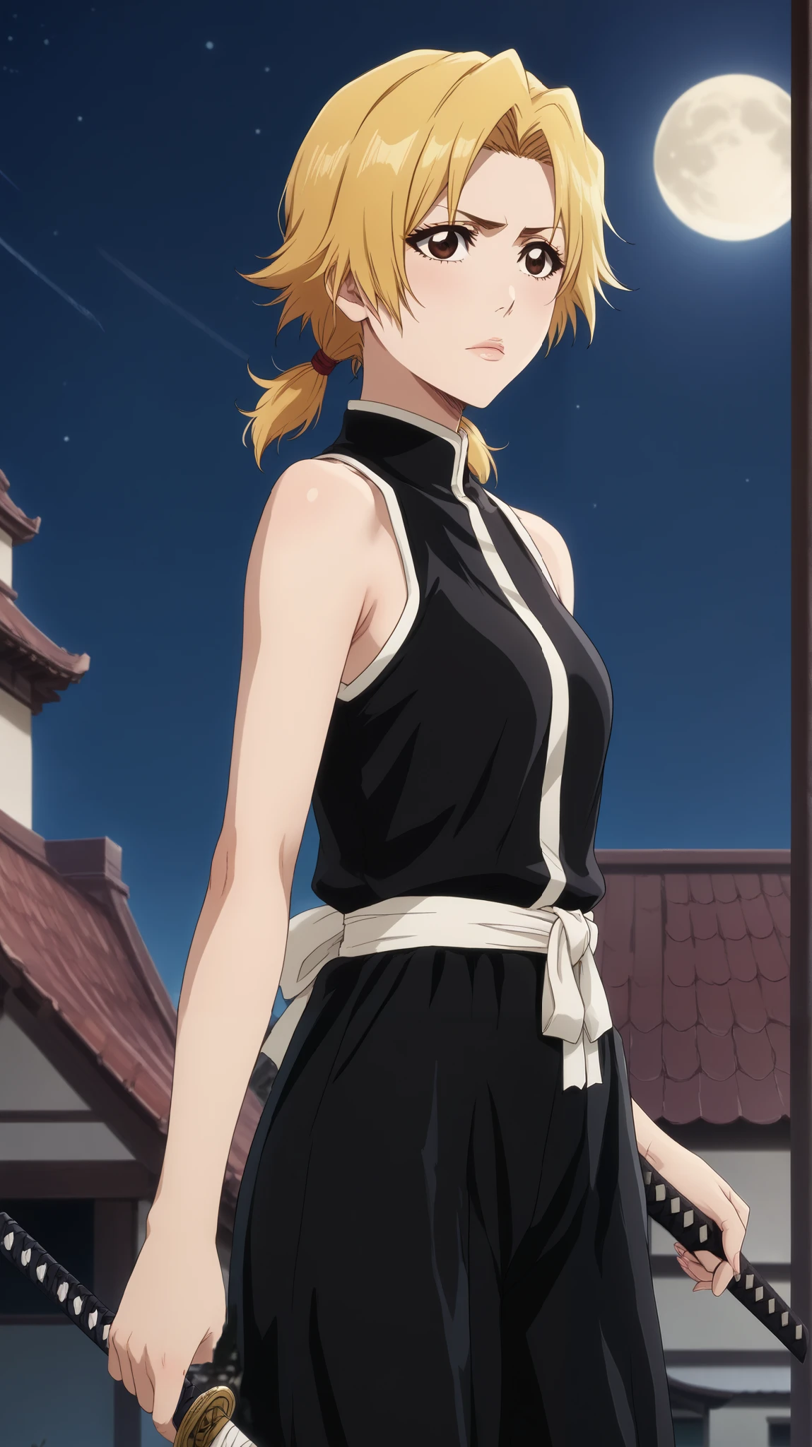 1 girl of fifteen years old , young girl, Alone,  shinigami from anime bleach .
Appearance:  brown eye ,  long straight light yellow hair,  hairstyle with two ponytails made of blond hair on her head,  low short hair tails from the back of her head , black shinigami clothes, sensual lips, losed mouth , Blonde Hair ((black kosode ,  sleeveless black hakame , Black-coloured clothes синигами, no sleeves)) Black-coloured clothes,  black clothes , Black-coloured clothes синигами, ((( black colored clothes ))) 
 Standing on the roof of a tall building ,  high house roof ,  girl stands on the roof of a tall house and holds in katana hands, katana in hand,  high-ranking roof , Night, moon, большая жëлтая moon за спиной девушки,  hair develops in the wind 