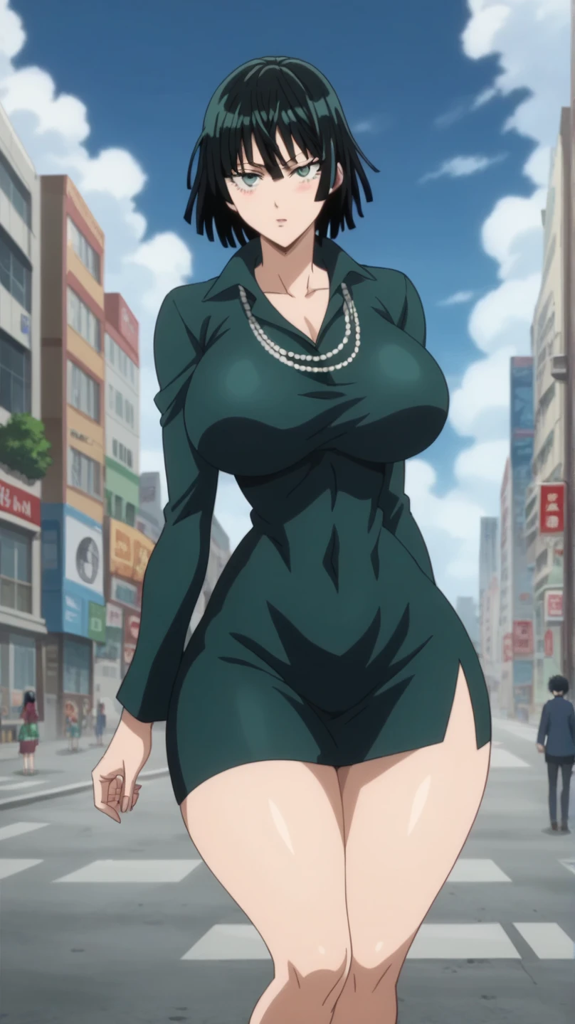 Prompt: (huge gigantic super mega hyper:1.3),(biggest round giant massive :1.3), (only one women) front view, dress,city,sexy poses, source_anime,masterpiece,best quality,highres,absurdres,official art,official style,source_anime,anime screencap,anime coloring,megami magazine,anime,animated,explicit, shiny skin,large breasts,  black hair , fubuki ,one punch man,blush, side, on side,   fubuki,