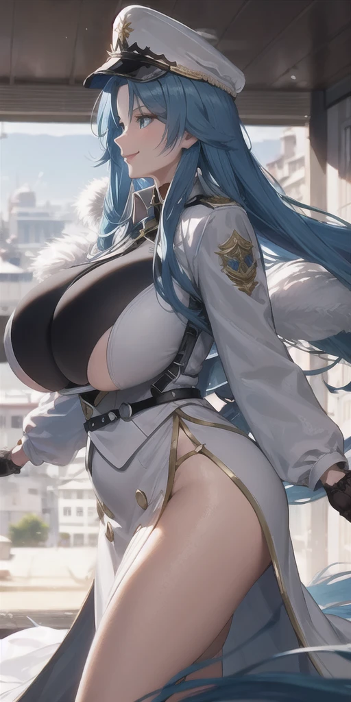 High resolution, Sharp focus, masterpiece, ((Intricate details)), Very detailed, One girl, Sovetskaya Belorussiya, smug, smile, officer room, (tall),  (stocky build:1.25), (gigantic huge breasts), (thick thigh), narrow waist, zzBelorussiya, blue hair, long hair, blue eyes, very long hair, bangs, parted bangs, hat, white headwear, white coat, white long skirt, peaked cap, black gloves, fur-trimmed coat, long sleeves, (side view:1.2)