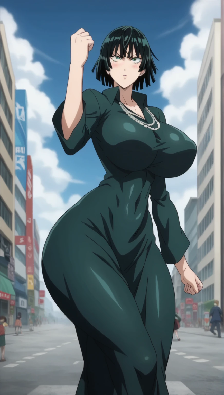 Prompt: (huge gigantic super mega hyper:1.3),(biggest round giant massive :1.3), (only one women) front view, fighting aura, angry,city,sexy poses, source_anime,masterpiece,best quality,highres,absurdres,official art,official style,source_anime,anime screencap,anime coloring,megami magazine,anime,animated,explicit, shiny skin,large breasts,  black hair , fubuki ,one punch man,blush, side, on side,   fubuki,