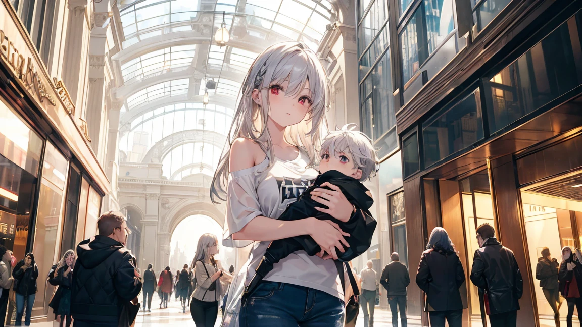 18 year old girl in white dress shyly holding a girl,City at night,
