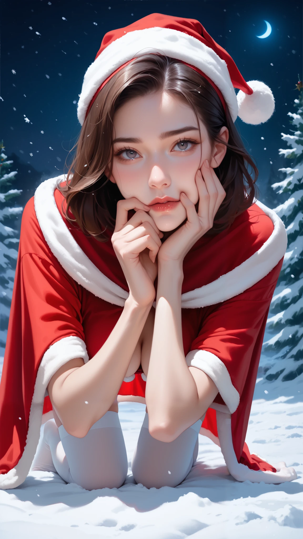 score_9,score_8_up,score_7_up,high res image,masterpiece,best quality,realistic,1girl,(santa_costume:1.2),(white stockings:1.4),(blouse:1.2),(white_shirt:1.2),(capelet:1.2),(snow at night:1.2),(face focus:1.3),(medium breasts:1.3),