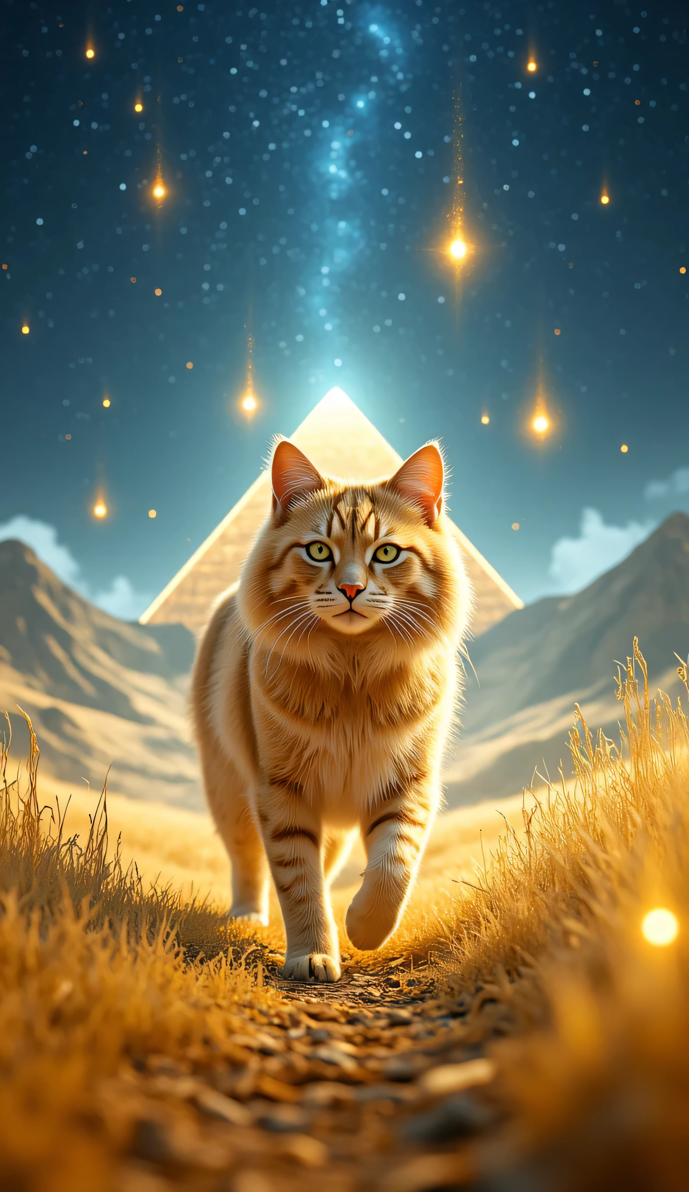 A dreamlike vision of the Egyptian afterlife, with golden fields stretching endlessly under a starlit sky. A majestic cat walks gracefully, surrounded by glowing spirits and celestial orbs. A distant pyramid glows faintly, adding an ethereal touch to the scene. The atmosphere is otherworldly, with soft blue and gold lighting enhancing the mystical effect. Intricate details, 8k resolution, cinematic scene, shallow depth of field, and surreal lighting effects.